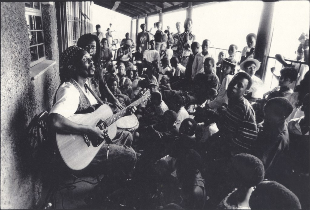 Madala Kunene and Eugene Skeef performing for schools in the Valley Of A Thiousand Hills in KwaZulu-Natal